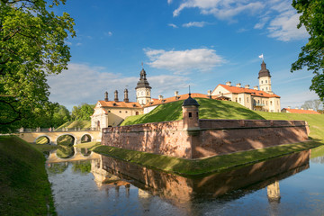 Fototapeta na wymiar NESVIZH, BELARUS - May 20, 2017: Medieval castle in Nesvizh, Minsk Region, Belarus.