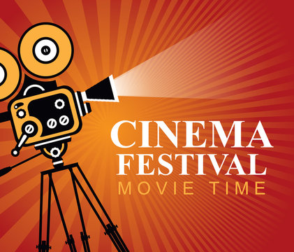 Vector cinema festival poster with old fashioned movie camera. Red movie background with words movie time. Can used for banner, poster, web page, background