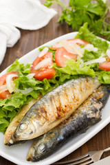 grilled sardines with salad on white dish