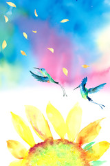 Fototapeta na wymiar Watercolor sunflower hummingbird background