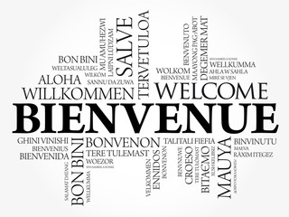 Bienvenue (Welcome in French) word cloud in different languages, conceptual background
