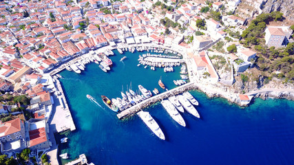 Aerial drone video of Hydra picturesque island, Saronic gulf, Greece