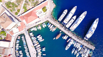 Aerial drone video of Hydra picturesque island, Saronic gulf, Greece