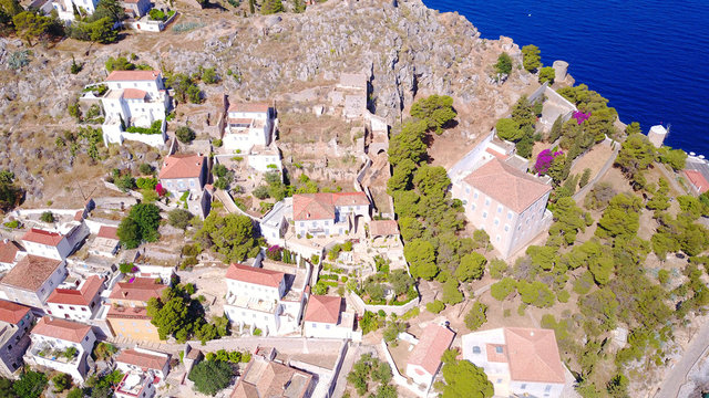 Aerial drone video of Hydra picturesque island, Saronic gulf, Greece