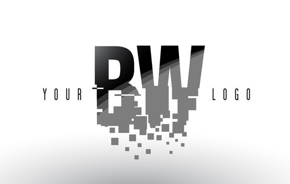 BW B W Pixel Letter Logo with Digital Shattered Black Squares
