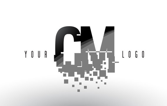 CM C M Pixel Letter Logo with Digital Shattered Black Squares