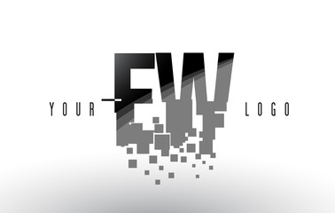 EW E W Pixel Letter Logo with Digital Shattered Black Squares