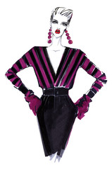 Fashionable girl in a striped jacket, hands on his belt