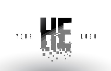HE H E Pixel Letter Logo with Digital Shattered Black Squares