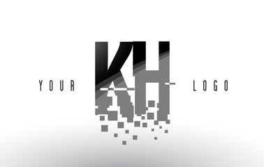 KH K H Pixel Letter Logo with Digital Shattered Black Squares