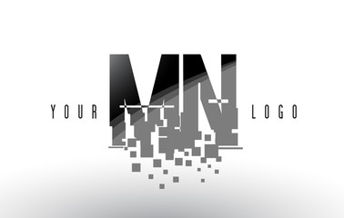 MN M N Pixel Letter Logo with Digital Shattered Black Squares