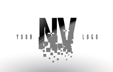 NV N V Pixel Letter Logo with Digital Shattered Black Squares