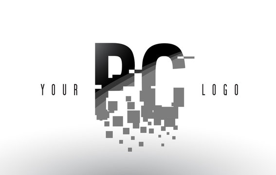 PC P C Pixel Letter Logo with Digital Shattered Black Squares