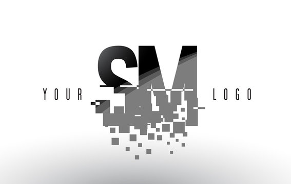 SM S M Pixel Letter Logo with Digital Shattered Black Squares
