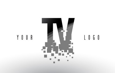 TV T V Pixel Letter Logo with Digital Shattered Black Squares