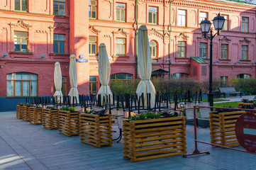 Fototapeta na wymiar Morning view of street cafe near Red Square, Moscow, Russia.