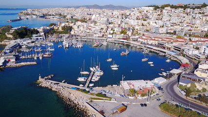 Aerial drone video of Mikrolimano in Peiraeus, Attica , Greece
