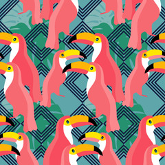 Seamless vector background. Pink toucans on a tropical background. Vector illustration. 