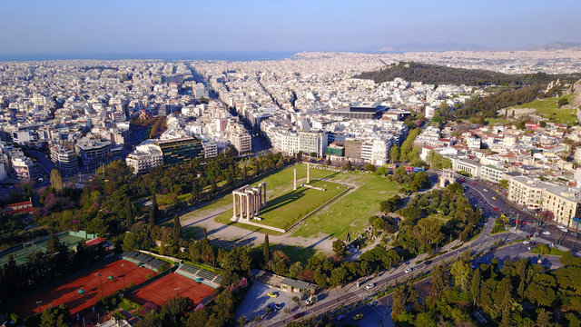 Aerial drone photo of Zapeion area near pillars of Olympian Zeus, Attica, Greece