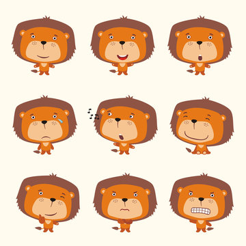 Set funny lion in different poses. Collection isolated lion in cartoon style for design for children holiday and goods.