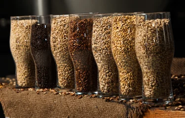 Fotobehang Glasses filled with different malts and hops over a wooden background. Variety of malt for brewery. © romeof
