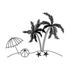 black silhouette of beach with palm trees and starfish and umbrella and ball vector illustration