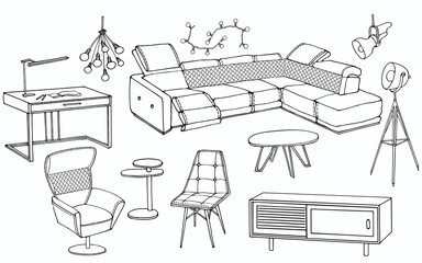 Loft sofa 1 sketch of a set of furniture for the living room in the loft ,  workplace, big corner sofa, lamp, table, for interior decoration of room indoor, vector black lines in white background