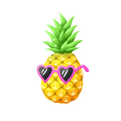 Bright cartoon pineapple icon. Colorful pineapple in sunglasses isolated on white background. Vector illustration.