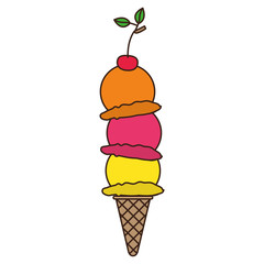 colorful silhouette of ice cream cone with three balls and cherry vector illustration