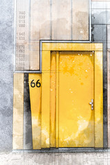 Architect drawing of yellow door in row modern architecture house