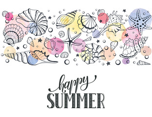 Summer time horizontal banner. Hand drawn sea shells and stars collection. Marine illustration of ocean shellfish. Colorful seashells arranged in stripe isolated on white background.