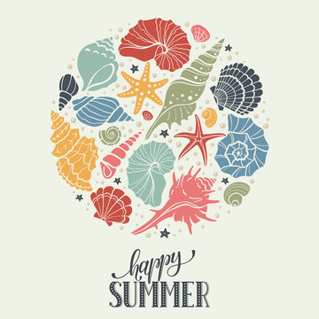 Summer time circle banner. Hand drawn sea shells and stars collection. Marine illustration of ocean shellfish. Colorful seashells arranged in circle shape isolated on light background.