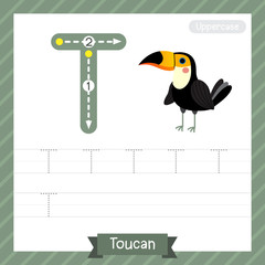 Letter T uppercase tracing practice worksheet with toucan for kids learning to write. Vector Illustration.