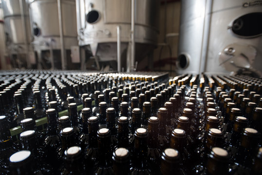Bottles of red wine stand in front of fermentation vats at a winery.