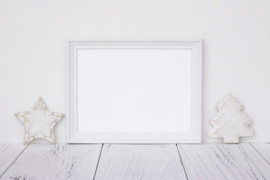 Stock photography white frame vintage painted wood table retro star Christmas tree deco craft