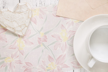 Flat lay stock photography flower pattern message letter paper tea cup heart wood craft