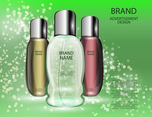 Glamorous Cosmetic  Bottles, Jars on the Sparkling Effects Background. Mock-up 3D Realistic Vector illustration for design,