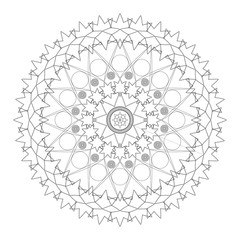 Simple black and white vector mandala composed with flowers, stars and circles, black lines on white paper background