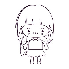 monochrome silhouette of kawaii little girl with long hair and facial expression exhausted vector illustration