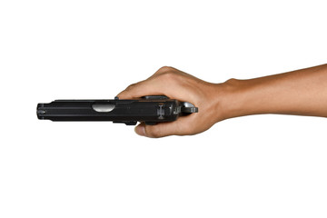 a hand with handgun single right hand style view from above