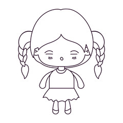 monochrome silhouette of kawaii little girl with braided hair and facial expression tired vector illustration