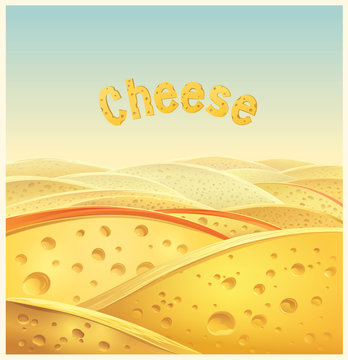 Lined with pieces of cheese, hilly landscape.
