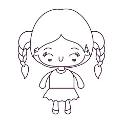 monochrome silhouette of kawaii little girl with braided hair and facial expression happiness with closed eyes vector illustration