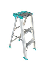 green aluminum ladder with container on top
