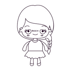 monochrome silhouette of kawaii cute little girl with braided hair and embarrassed facial expression vector illustration