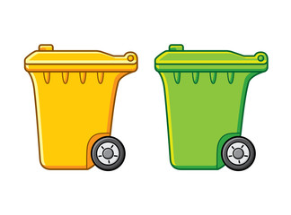 Yellow and green wheelie trash bins isolated.