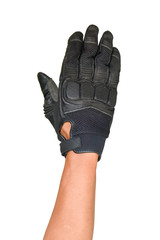 Motorcycle glove and hand signal slow down or stop isolated on w