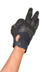 Motorcycle glove and hand signal OK isolated on white background