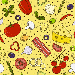 Seamless pattern with mediterranean cuisine ingredients