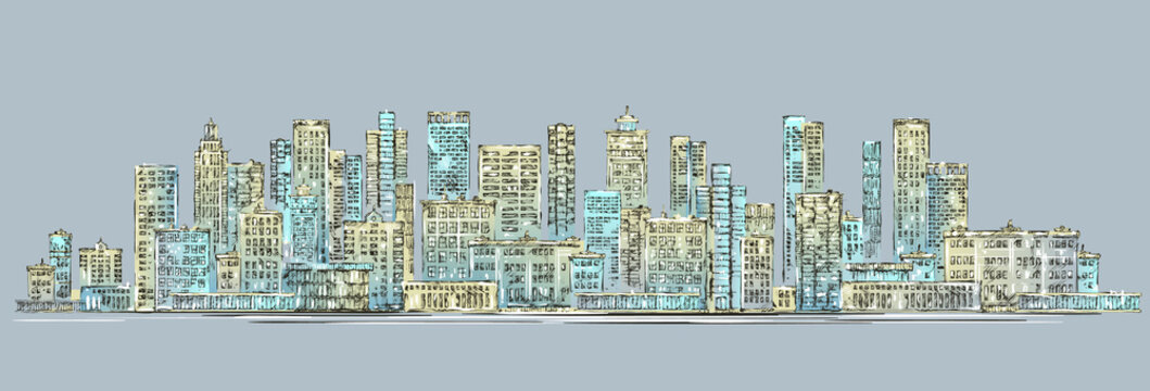City skyline background. Hand drawn vector